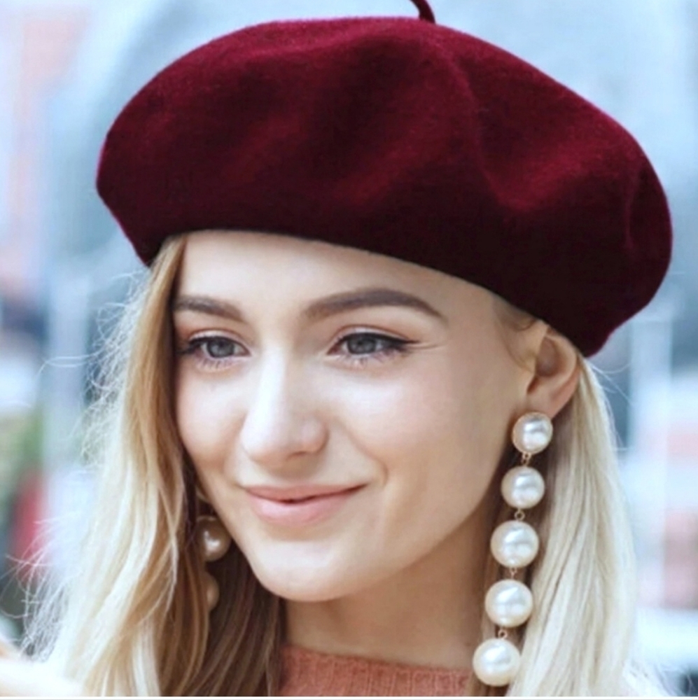 Wool Blend Knit French Beret Hat Burgundy Red winter Classic Preppy